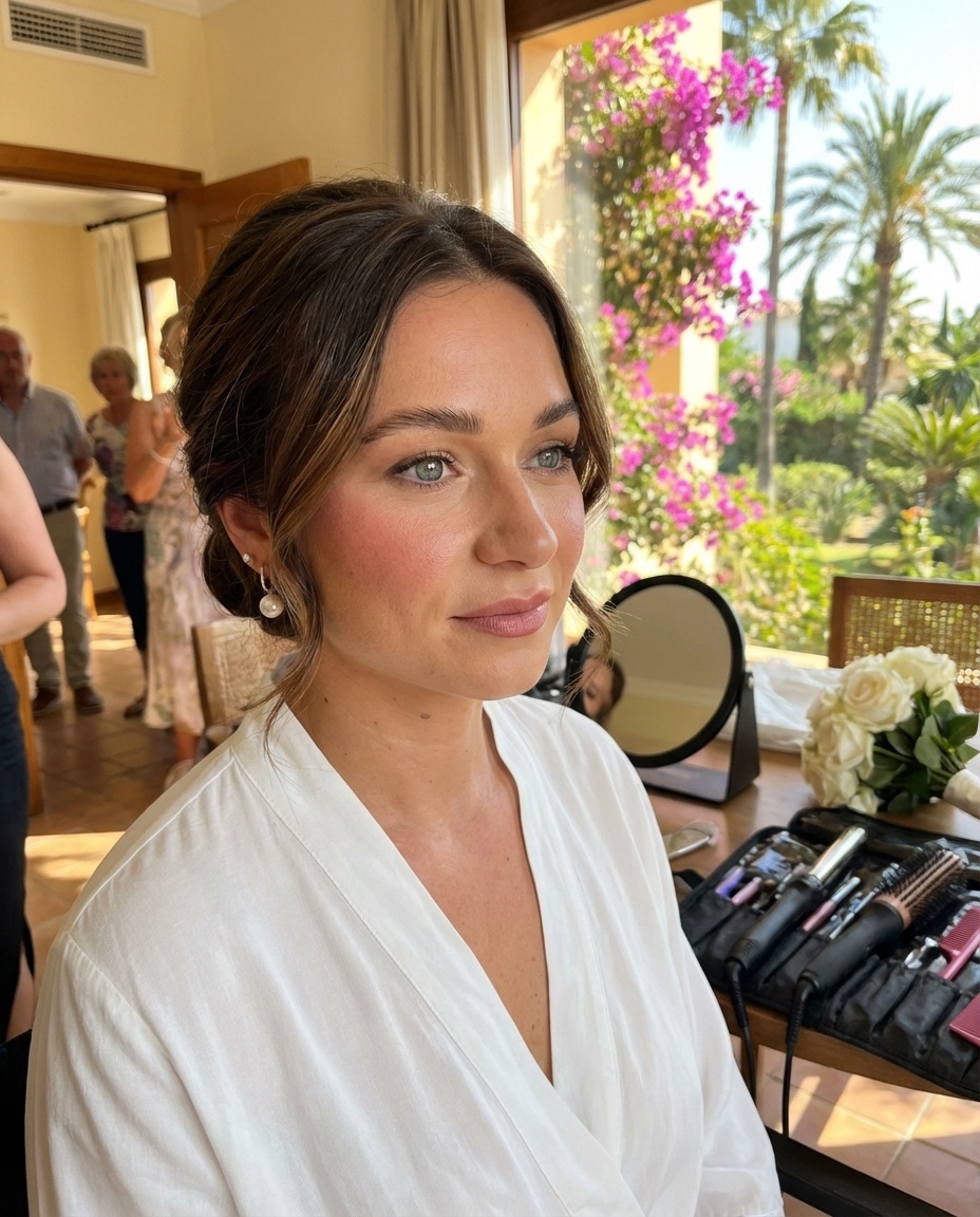 Maquillaje natural y elegante con delineado tipo cat eye y labios nude rosado en Benalmádena - Estilismo nupcial y maquillaje profesional de boda - Verónica López Wallis