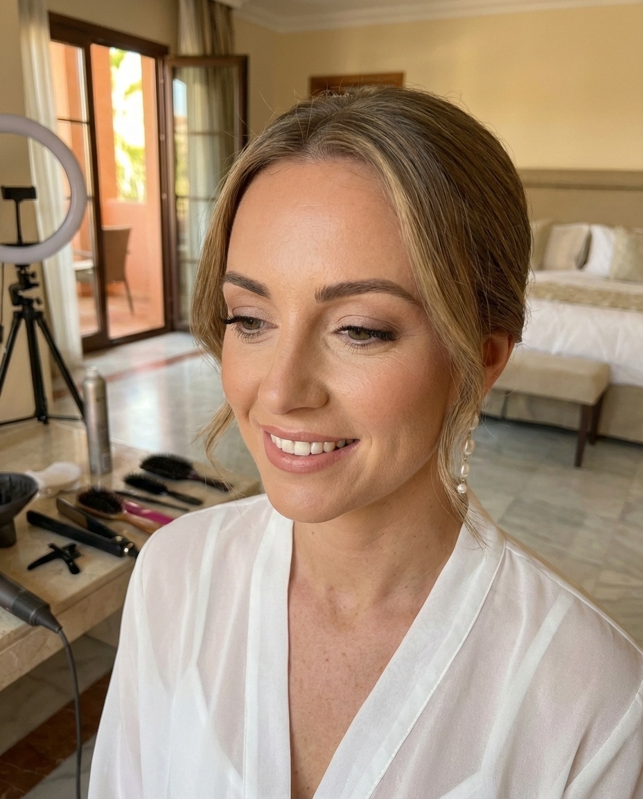 Maquillaje nupcial natural y elegante con piel radiante y labios nudes en Calahonda - Maquillaje profesional para novias y estilismo de boda - Verónica López Wallis