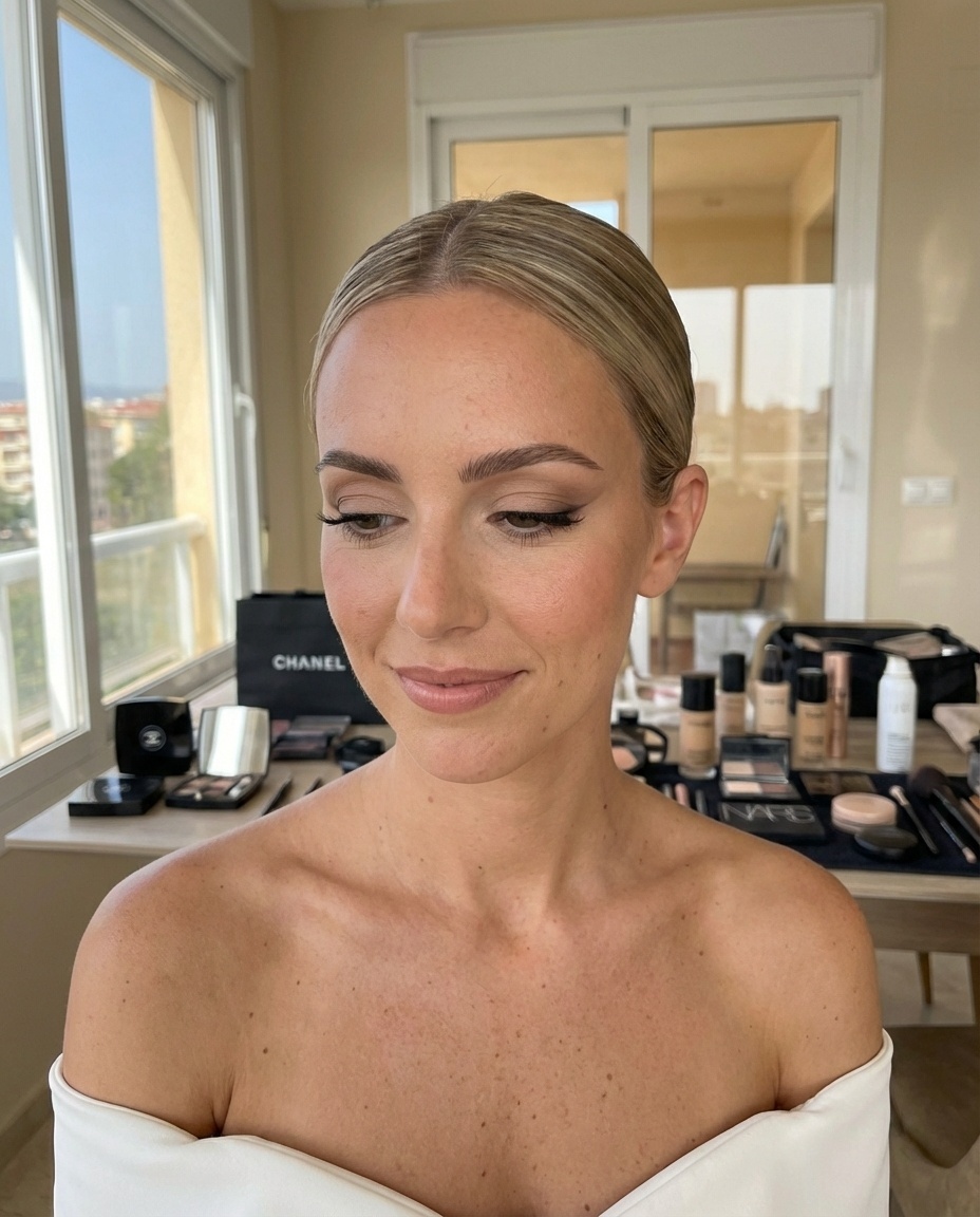 Maquillaje natural y elegante con delineado suave y labios nude rosado en Fuengirola - Estilista de novias y maquillaje de boda profesional - Verónica López Wallis