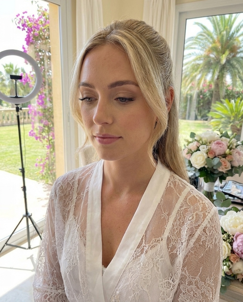 Maquillaje natural y elegante con labios nude y pendientes de perlas en Mijas - Maquillaje para bodas y estilismo nupcial profesional - Verónica López Wallis