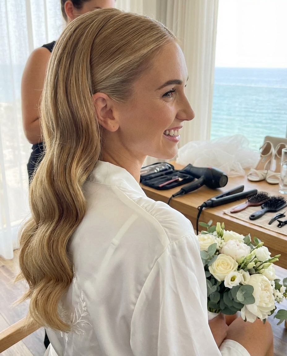 Ondas glam clean look para novia en Benalmádena - Peluquería profesional para bodas en Costa del Sol - Verónica López Wallis